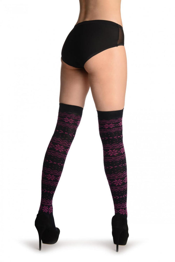 Liss Kiss Purple Nordic Stencil On Black - Over The Knee Socks