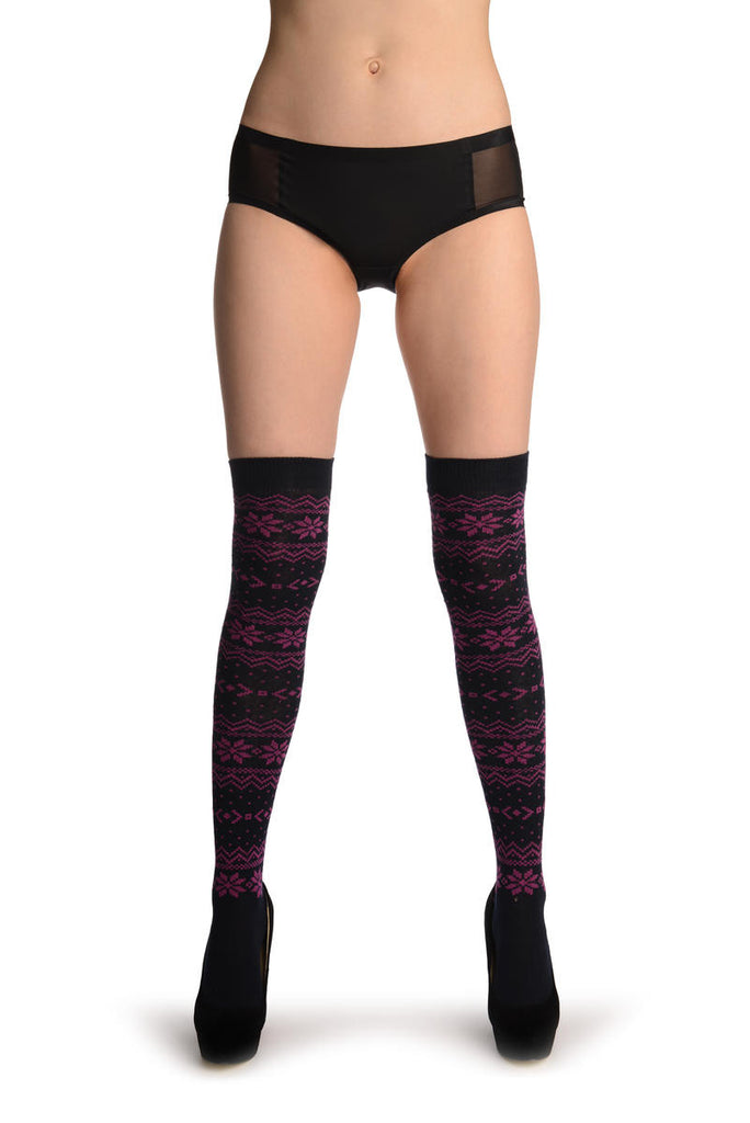 liss kiss Purple Nordic Stencil On Black - Over The Knee Socks
