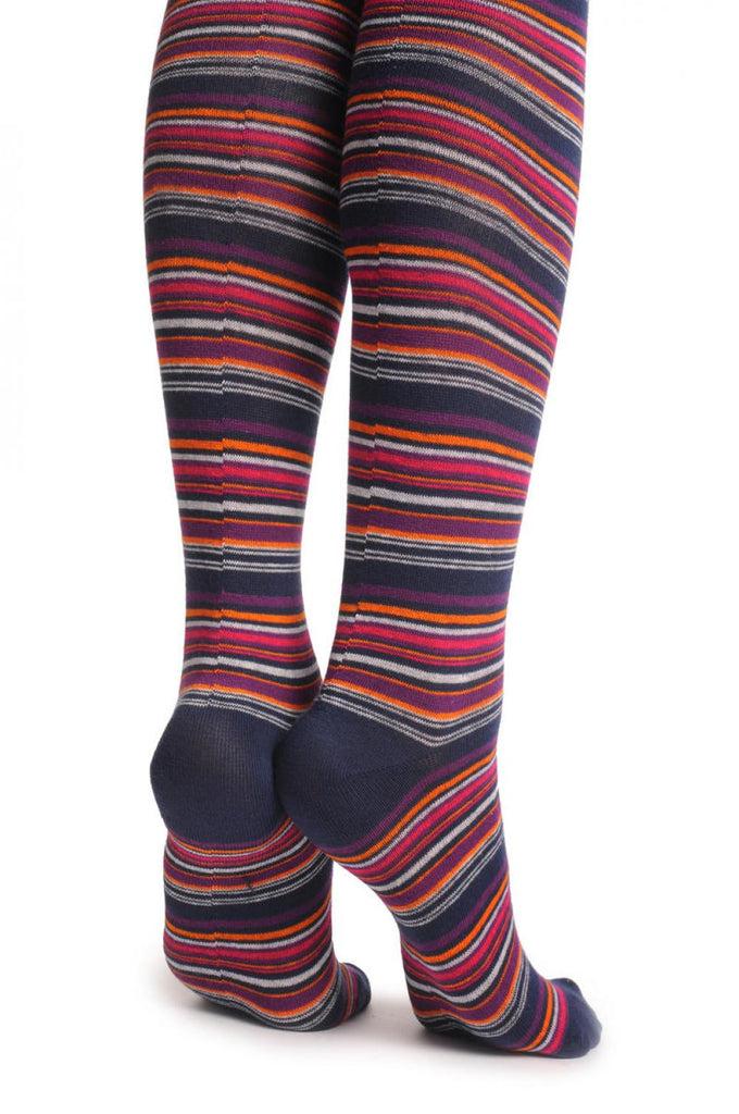 Liss Kiss Purple Orange Grey & Black Green Thin Stripes - Over The Knee Socks