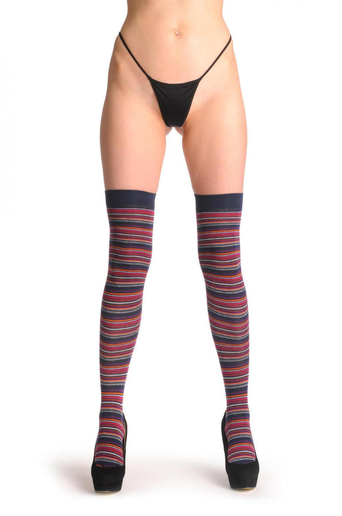 liss kiss Purple Orange Grey & Black Green Thin Stripes - Over The Knee Socks