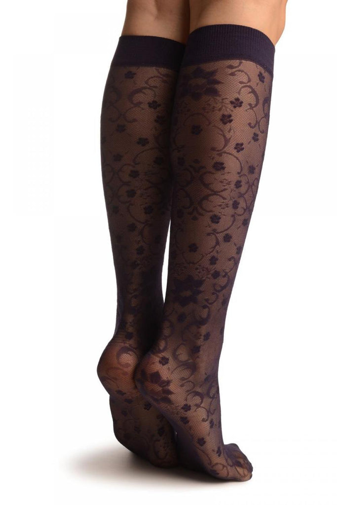 Liss Kiss Purple Orchids On Lace Socks Knee High - Socks