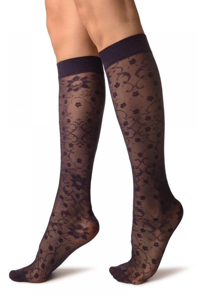 Liss Kiss Purple Orchids On Lace Socks Knee High - Socks