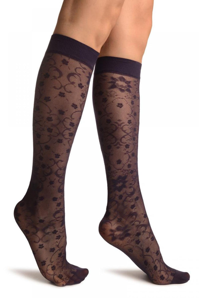 liss kiss Purple Orchids On Lace Socks Knee High - Socks