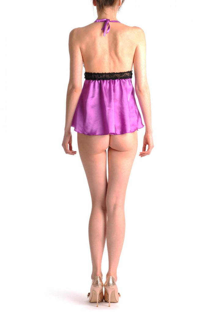 Liss Kiss Purple Pink Satin Babydoll With Black Lace Top & Matching Brief Set - Babydoll