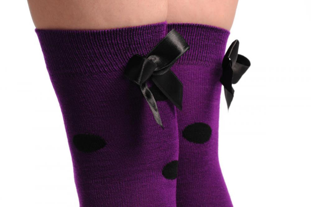 Liss Kiss Purple Polka Dot With Black Bow Warm Cotton - Over The Knee Socks