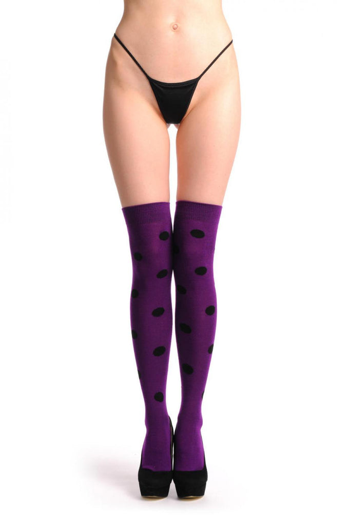 Liss Kiss Purple Polka Dot With Black Bow Warm Cotton - Over The Knee Socks