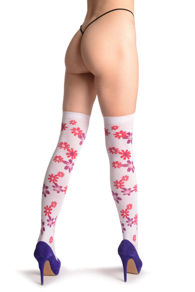 Liss Kiss Purple & Red Flowers On White - Over The Knee Socks