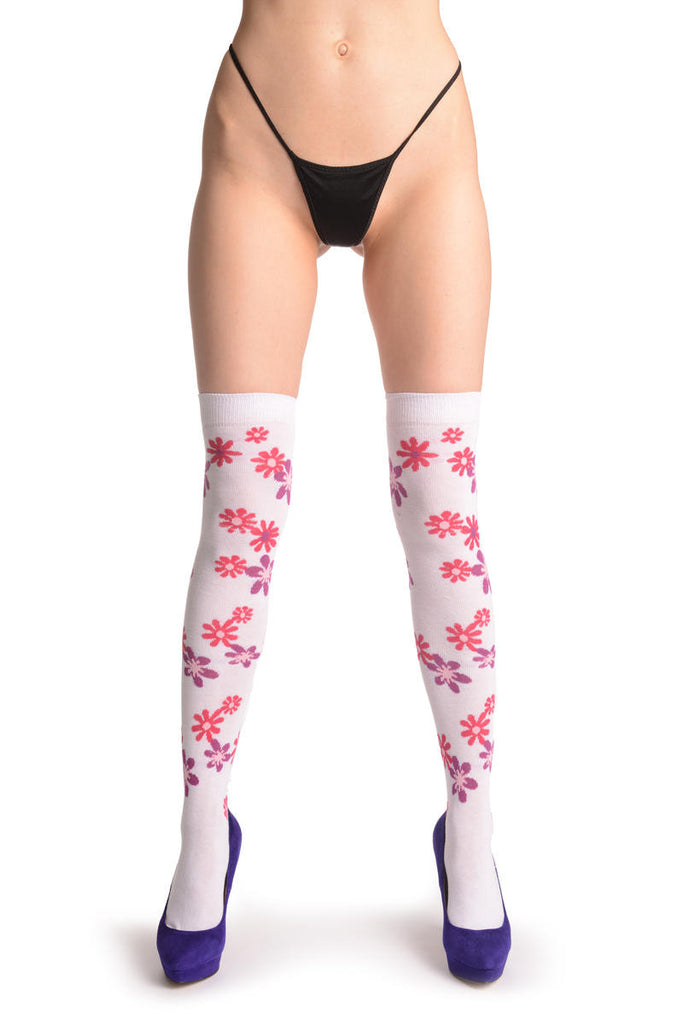 Liss Kiss Purple & Red Flowers On White - Over The Knee Socks