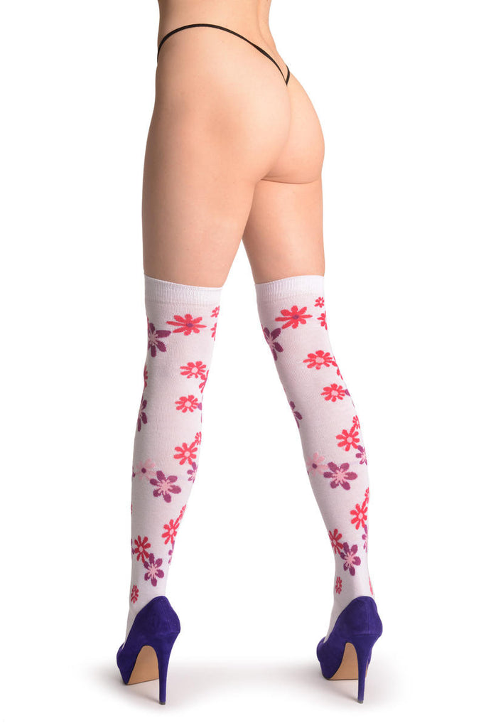 Liss Kiss Purple & Red Flowers On White - Over The Knee Socks