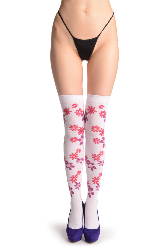 liss kiss Purple & Red Flowers On White - Over The Knee Socks