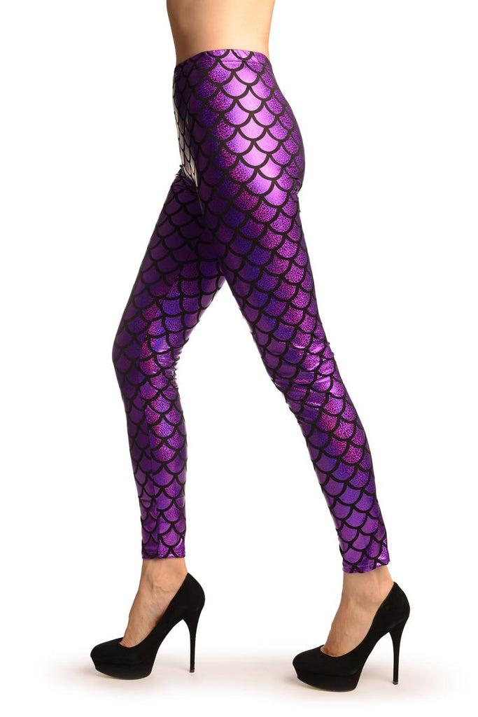 Liss Kiss Purple Shiny Gloss Mermaid Scales Leggings - Leggings