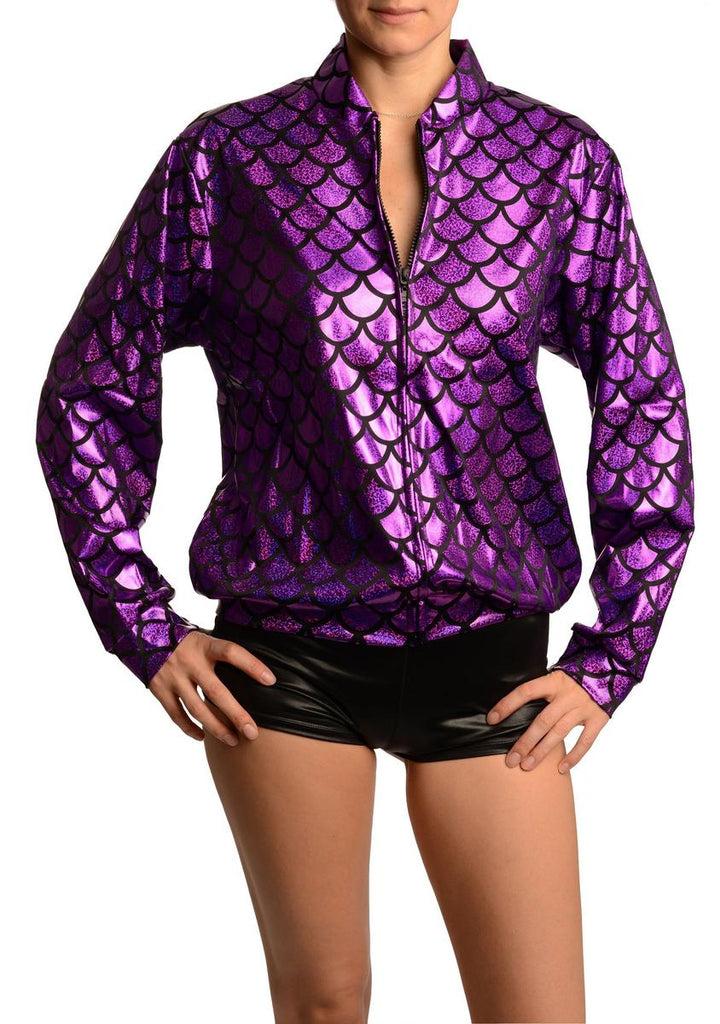 liss kiss Purple Shiny Gloss Mermaid Scales Unisex Zip Disco Jacket - Jacket