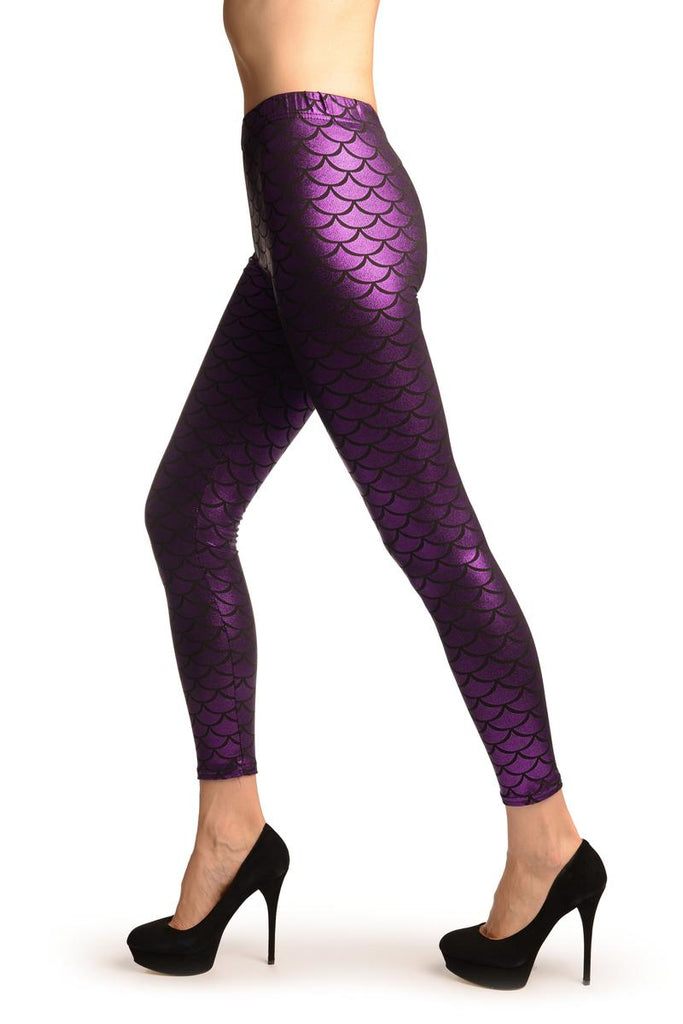 Liss Kiss Purple Shiny Mermaid Scales Leggings - Leggings