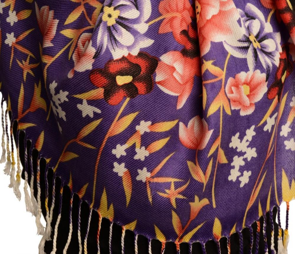 Liss Kiss Purple Spring Flowers On White Pashmina Feel With Tassels - Scarf