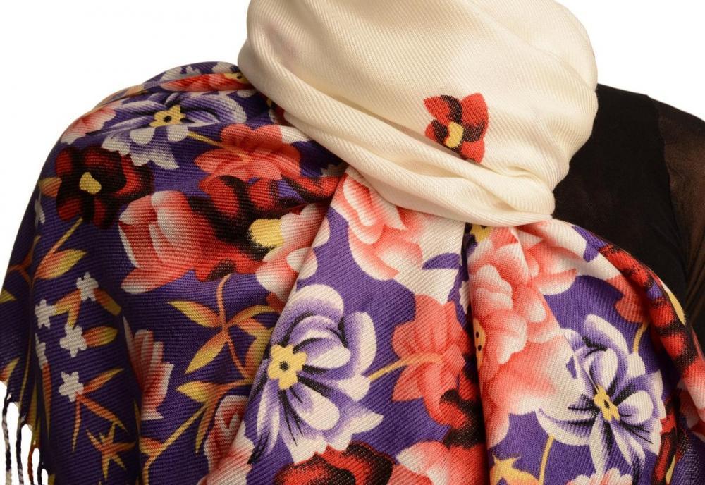 Liss Kiss Purple Spring Flowers On White Pashmina Feel With Tassels - Scarf