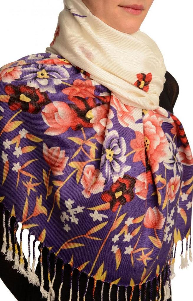 Liss Kiss Purple Spring Flowers On White Pashmina Feel With Tassels - Scarf