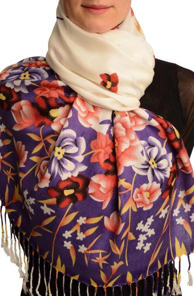 liss kiss Purple Spring Flowers On White Pashmina Feel With Tassels - Scarf