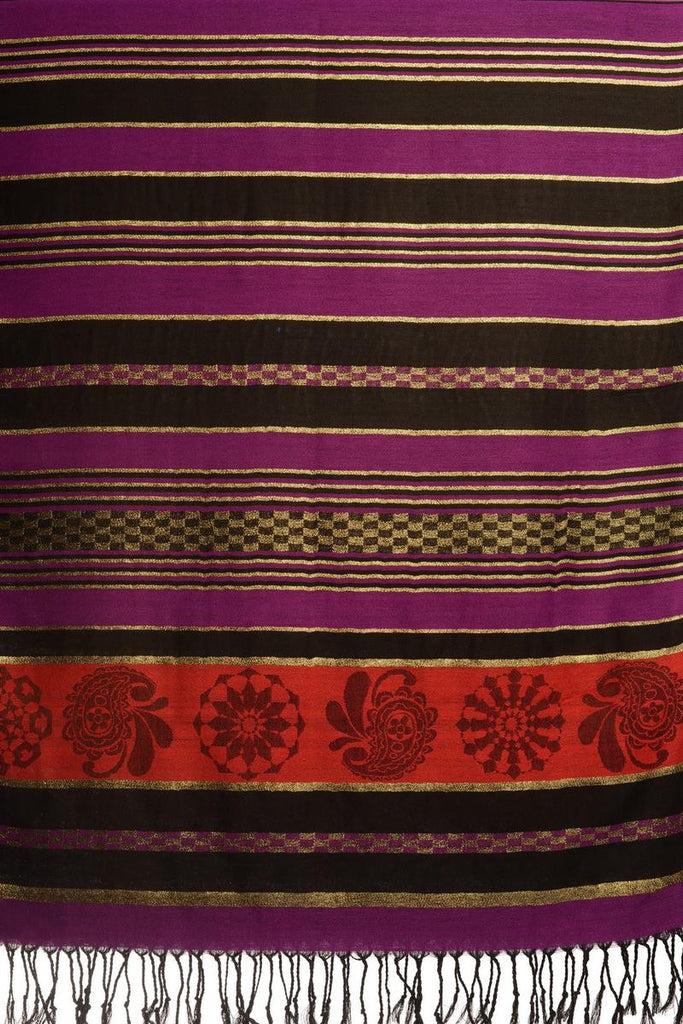 Liss Kiss Purple Stripes & Gold Lurex Pashmina With Tassels - Scarf