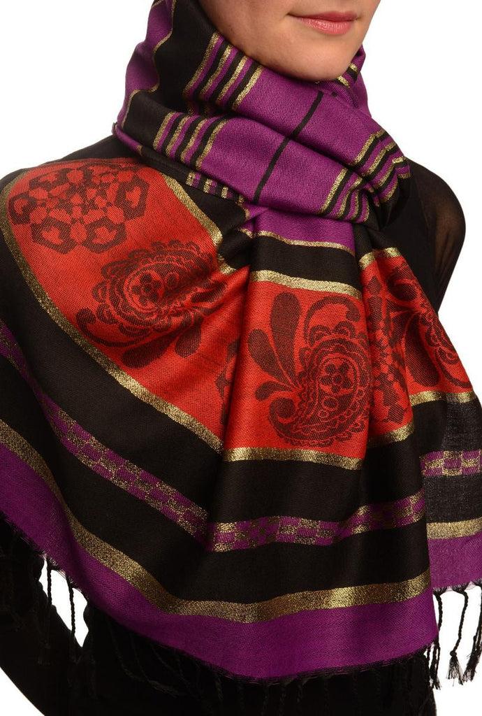 Liss Kiss Purple Stripes & Gold Lurex Pashmina With Tassels - Scarf