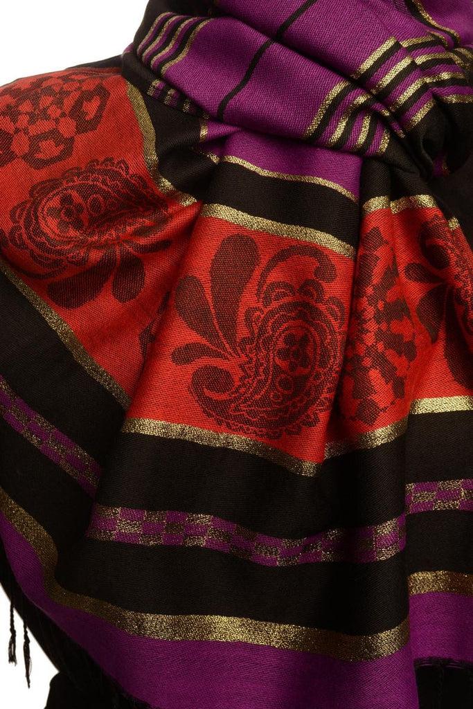Liss Kiss Purple Stripes & Gold Lurex Pashmina With Tassels - Scarf