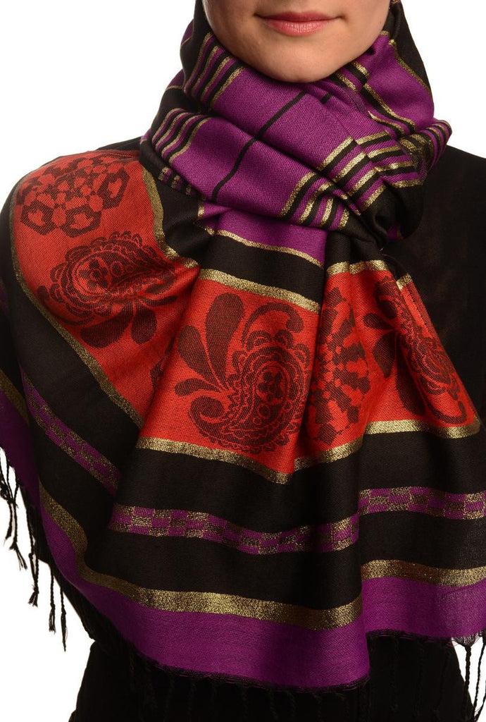 liss kiss Purple Stripes & Gold Lurex Pashmina With Tassels - Scarf