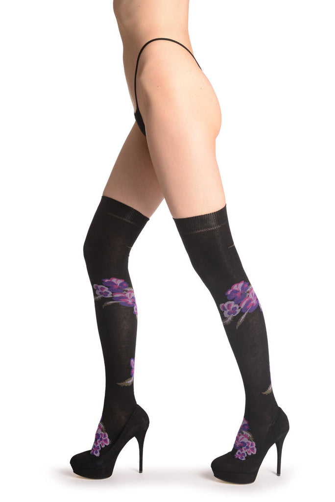 liss kiss Purple Viola Flowers On Black - Over The Knee Socks