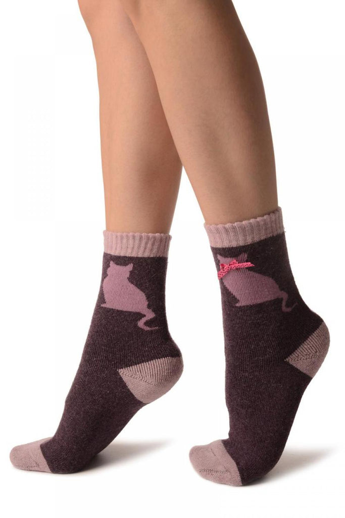 Liss Kiss Purple With Cute Cat & Satin Bow Angora Ankle High Socks - Socks