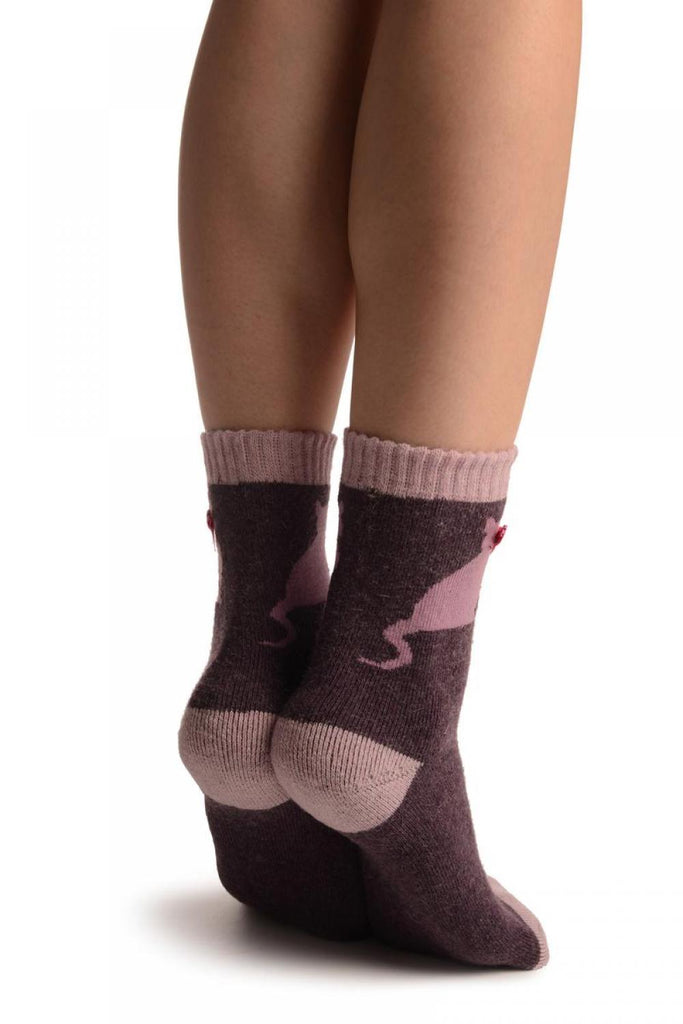 Liss Kiss Purple With Cute Cat & Satin Bow Angora Ankle High Socks - Socks