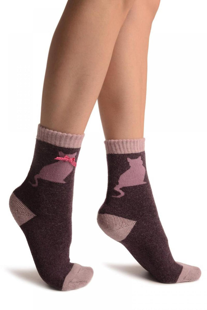 liss kiss Purple With Cute Cat & Satin Bow Angora Ankle High Socks - Socks