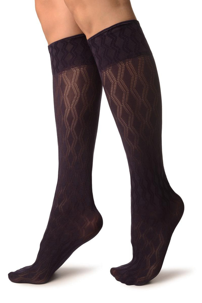 Liss Kiss Purple With Double Rhomb Socks Knee High - Socks