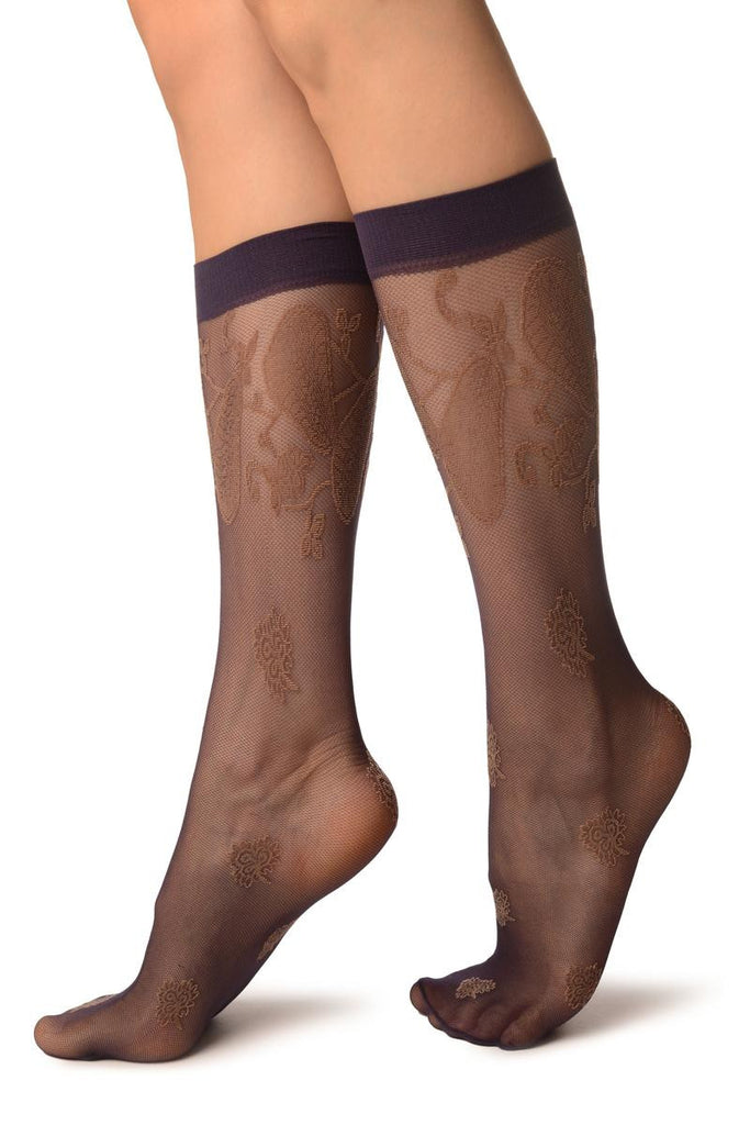 Liss Kiss Purple With Large Paisley & Clover Socks Knee High - Socks