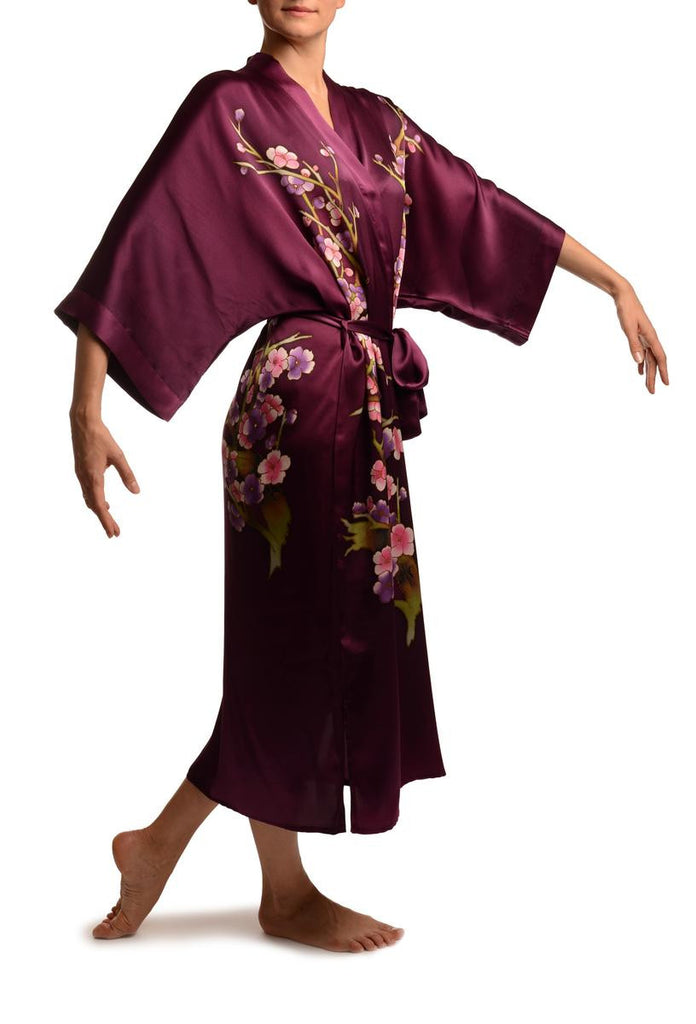 Liss Kiss Purple With Sakura Bloom Luxurious Silk Dressing Gown (Robe) - Dressing Gown