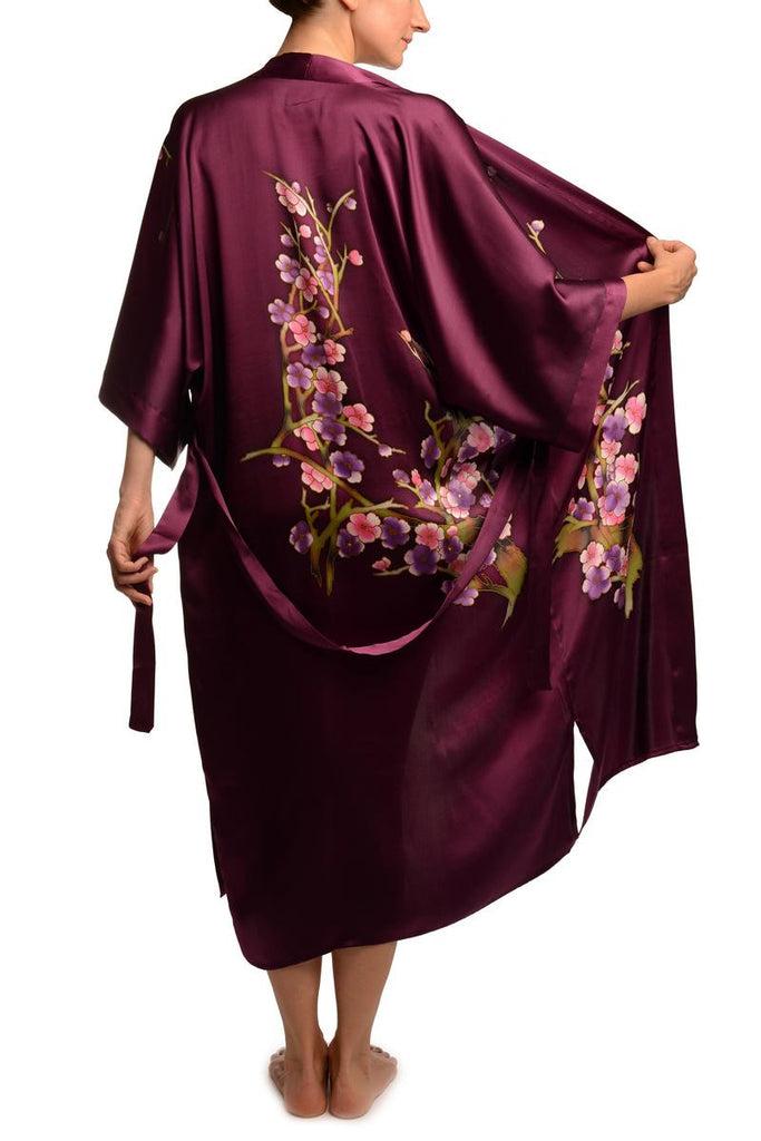 Liss Kiss Purple With Sakura Bloom Luxurious Silk Dressing Gown (Robe) - Dressing Gown