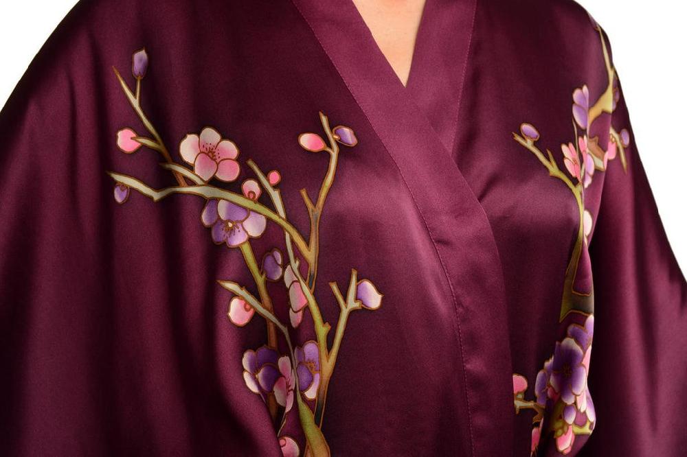 Liss Kiss Purple With Sakura Bloom Luxurious Silk Dressing Gown (Robe) - Dressing Gown