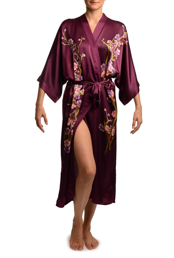 liss kiss Purple With Sakura Bloom Luxurious Silk Dressing Gown (Robe) - Dressing Gown