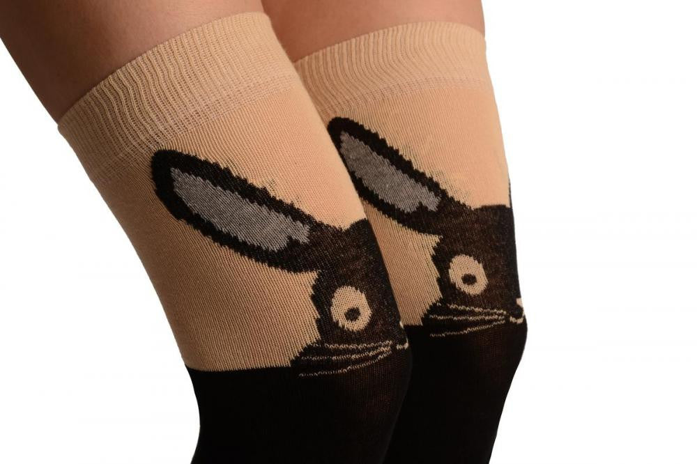 Liss Kiss Rabbit On Beige & Black - Over The Knee Socks