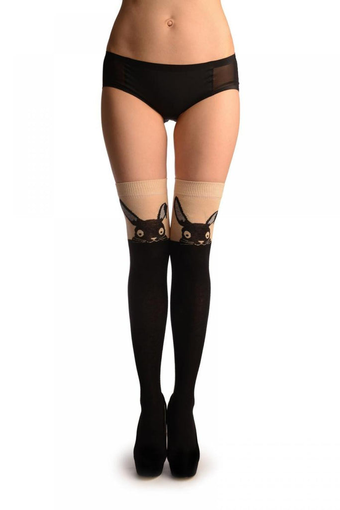 liss kiss Rabbit on Beige & Black - Over The Knee Socks