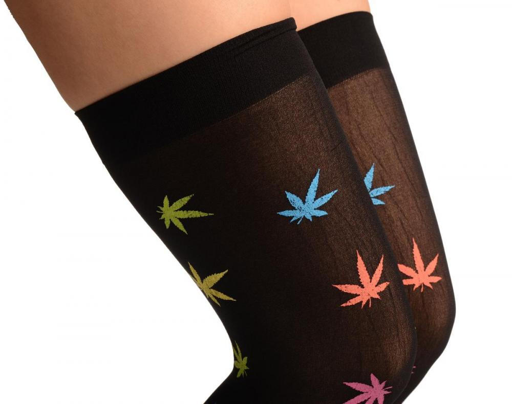 Liss Kiss Rainbow Printed Leaves With Stay Up Garter - Hold Ups
