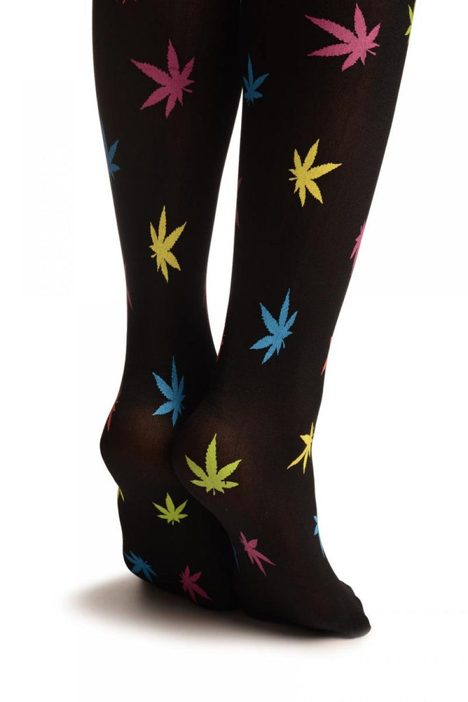 Liss Kiss Rainbow Printed Leaves With Stay Up Garter - Hold Ups