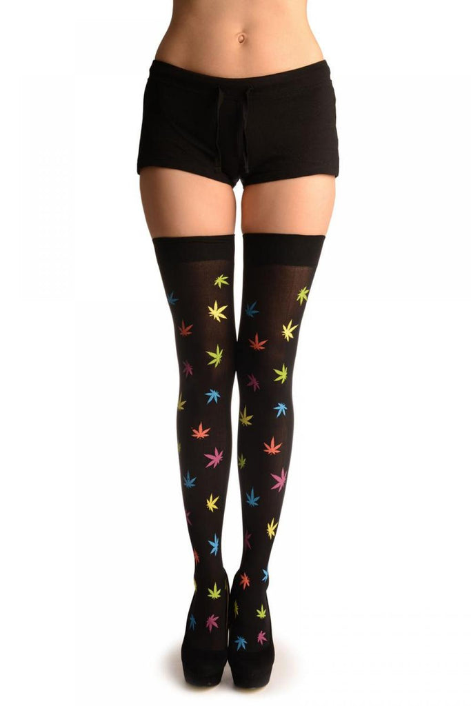 liss kiss Rainbow Printed Leaves With Stay Up Garter - Hold Ups