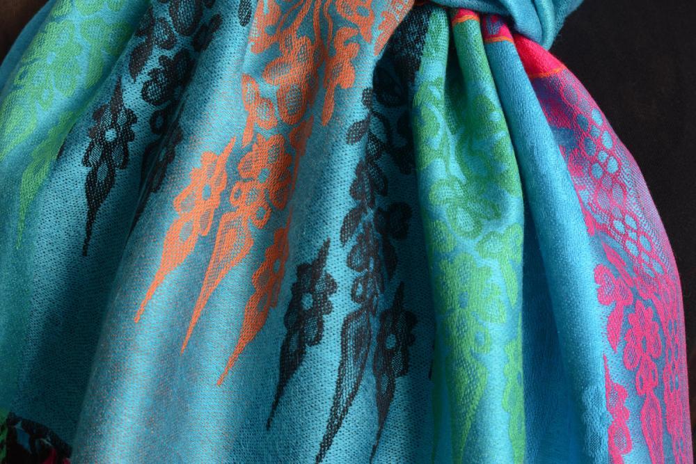 Liss Kiss Rainbow Stripes In Blue Pashmina With Tassels - Scarf