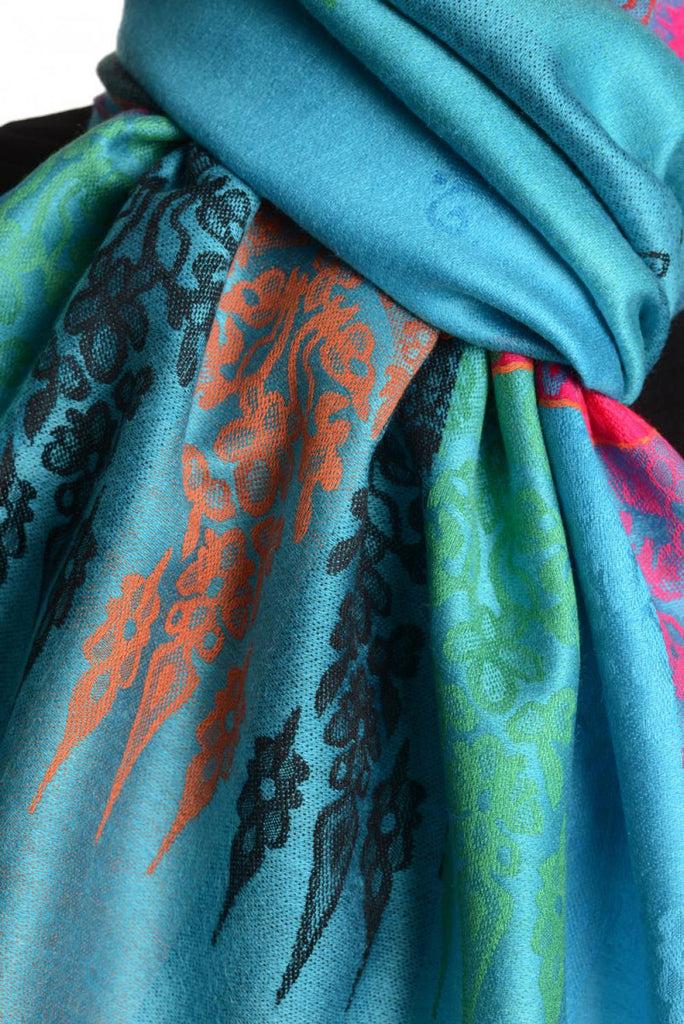 Liss Kiss Rainbow Stripes In Blue Pashmina With Tassels - Scarf