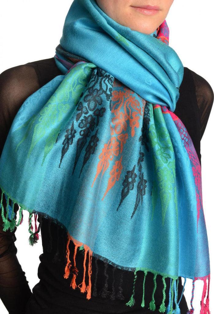 Liss Kiss Rainbow Stripes In Blue Pashmina With Tassels - Scarf