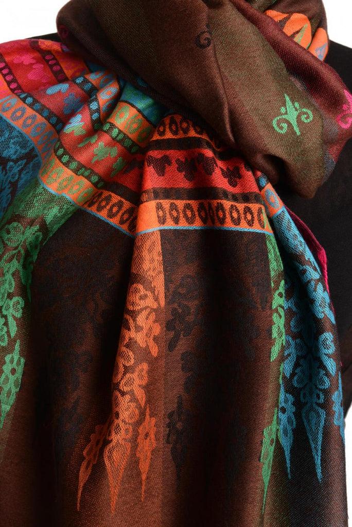 Liss Kiss Rainbow Stripes In Brown Pashmina With Tassels - Scarf