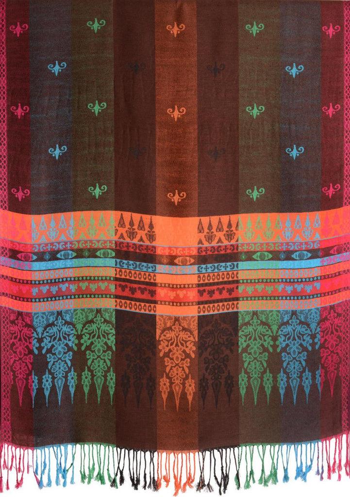 Liss Kiss Rainbow Stripes In Brown Pashmina With Tassels - Scarf