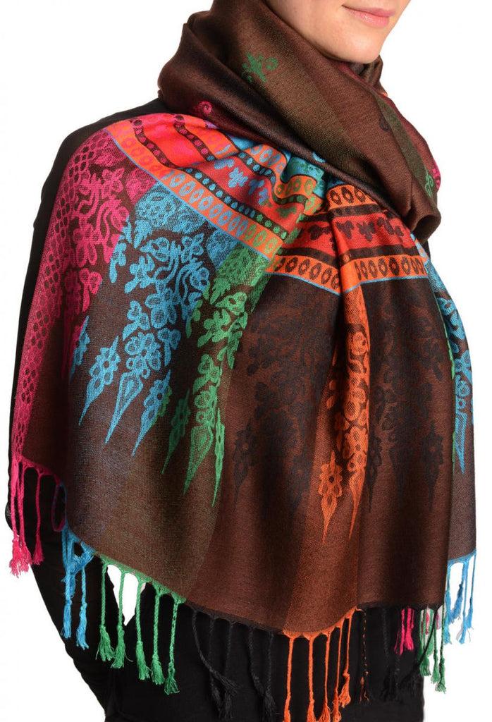 Liss Kiss Rainbow Stripes In Brown Pashmina With Tassels - Scarf