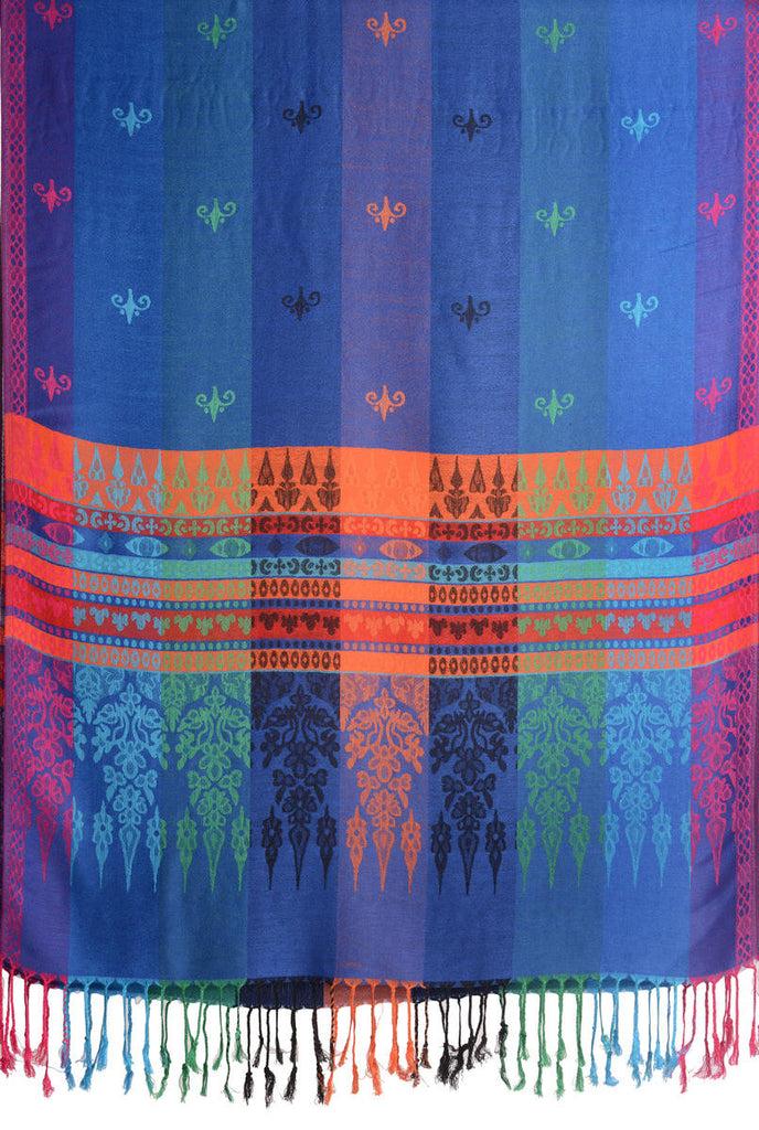 Liss Kiss Rainbow Stripes In Dark Blue Pashmina With Tassels - Scarf