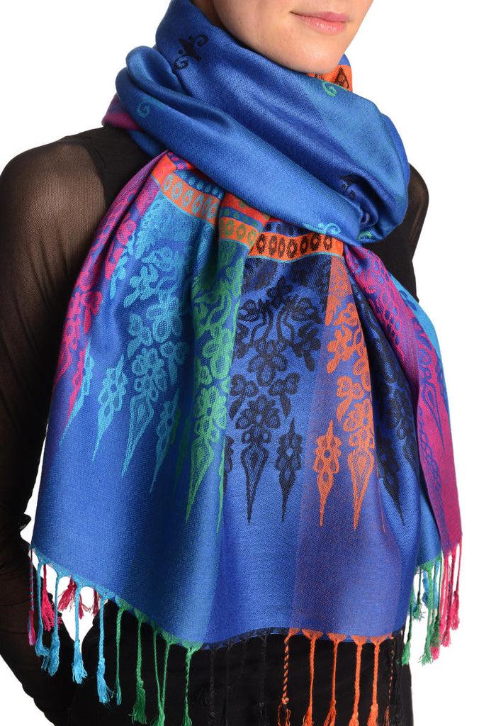 Liss Kiss Rainbow Stripes In Dark Blue Pashmina With Tassels - Scarf
