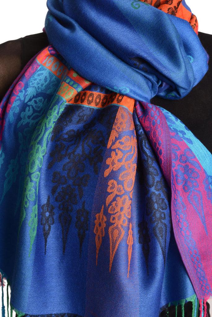 Liss Kiss Rainbow Stripes In Dark Blue Pashmina With Tassels - Scarf