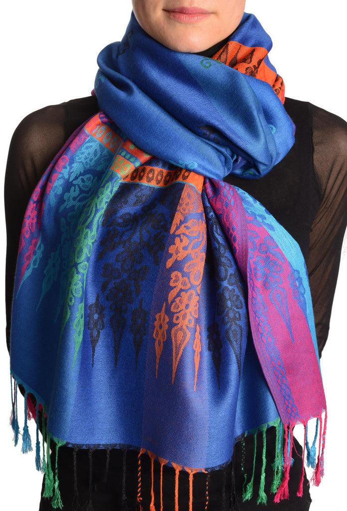 liss kiss Rainbow Stripes In Dark Blue Pashmina With Tassels - Scarf